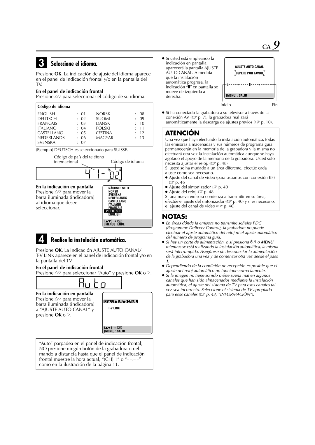 JVC HR-J672EU Seleccione el idioma, Realice la instalación automática, Presione rt para seleccionar el código de su idioma 