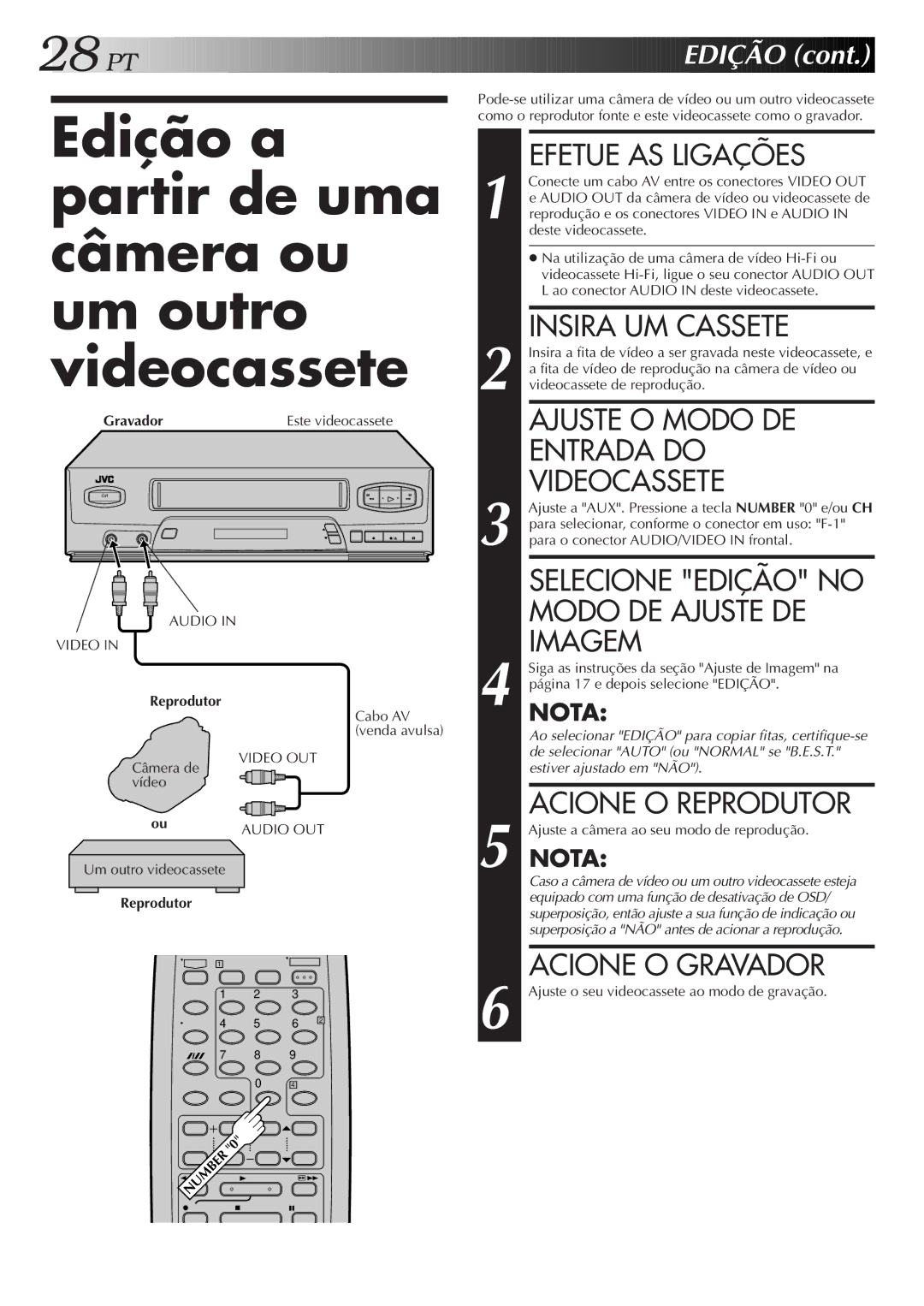 JVC HR-J474M manual Edição a partir de uma câmera ou um outro videocassete, Entrada do 