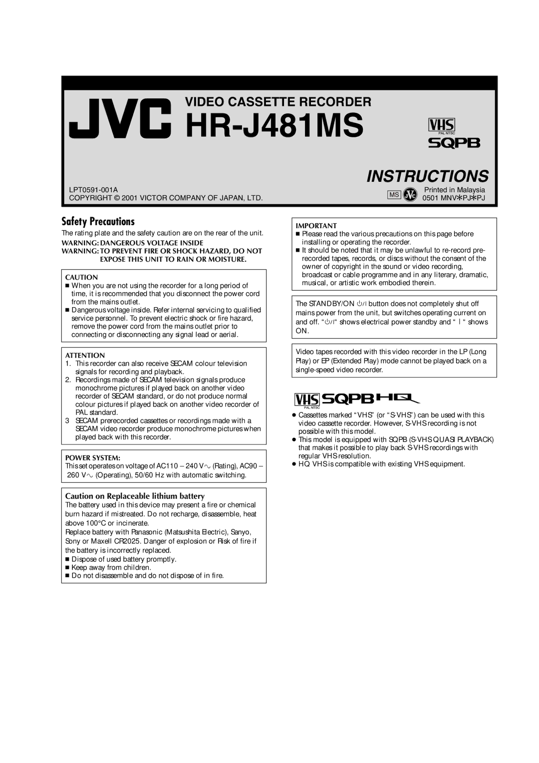 JVC LPT0591-001A manual HR-J481MS, Safety Precautions 