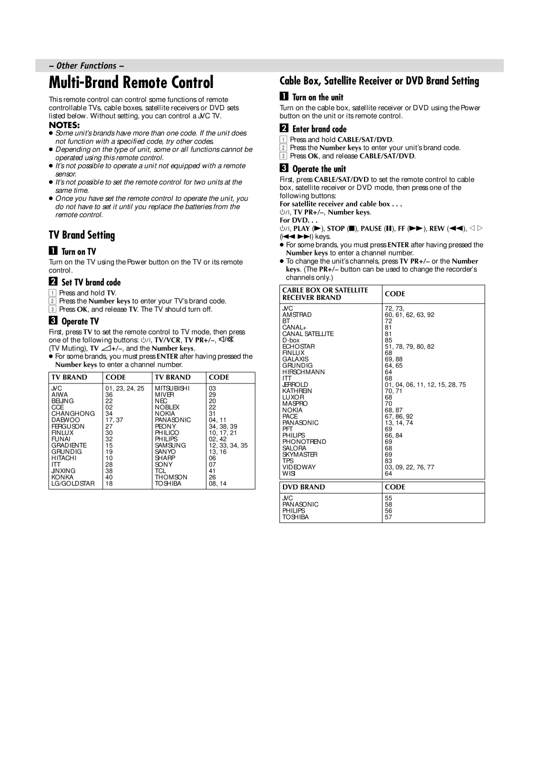 JVC LPT0591-001A, HR-J481MS manual Multi-Brand Remote Control, TV Brand Setting 