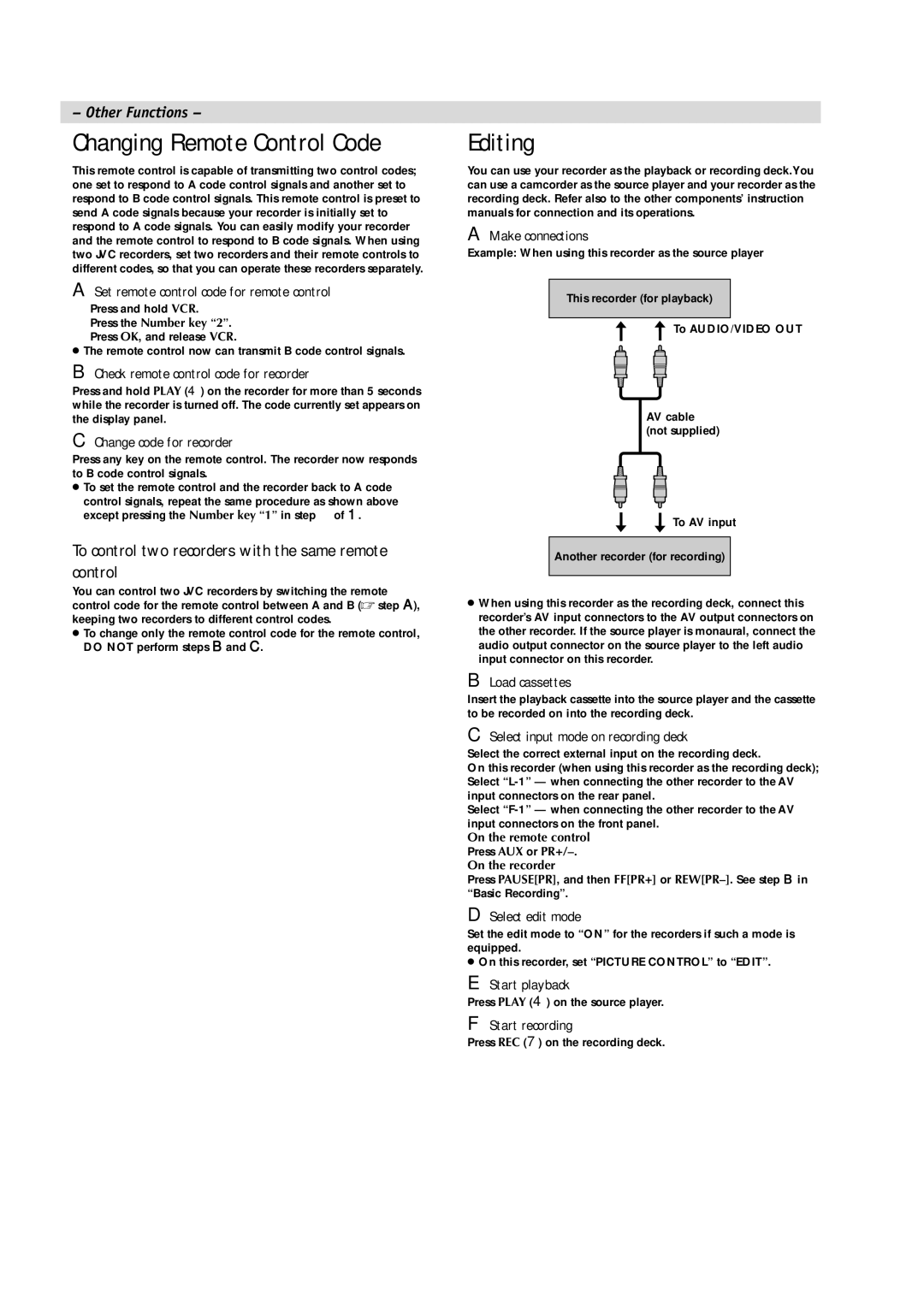 JVC HR-J481MS, LPT0591-001A manual Editing, To control two recorders with the same remote control 