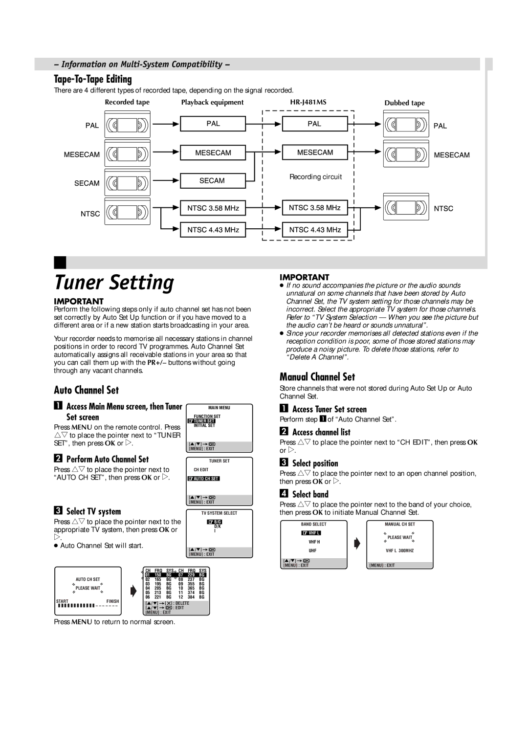 JVC HR-J481MS, LPT0591-001A manual Tuner Setting, Tape-To-Tape Editing, Auto Channel Set, Manual Channel Set 