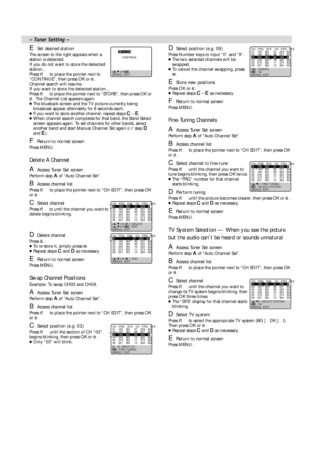 JVC LPT0591-001A, HR-J481MS manual Delete a Channel, Fine-Tuning Channels, Swap Channel Positions 