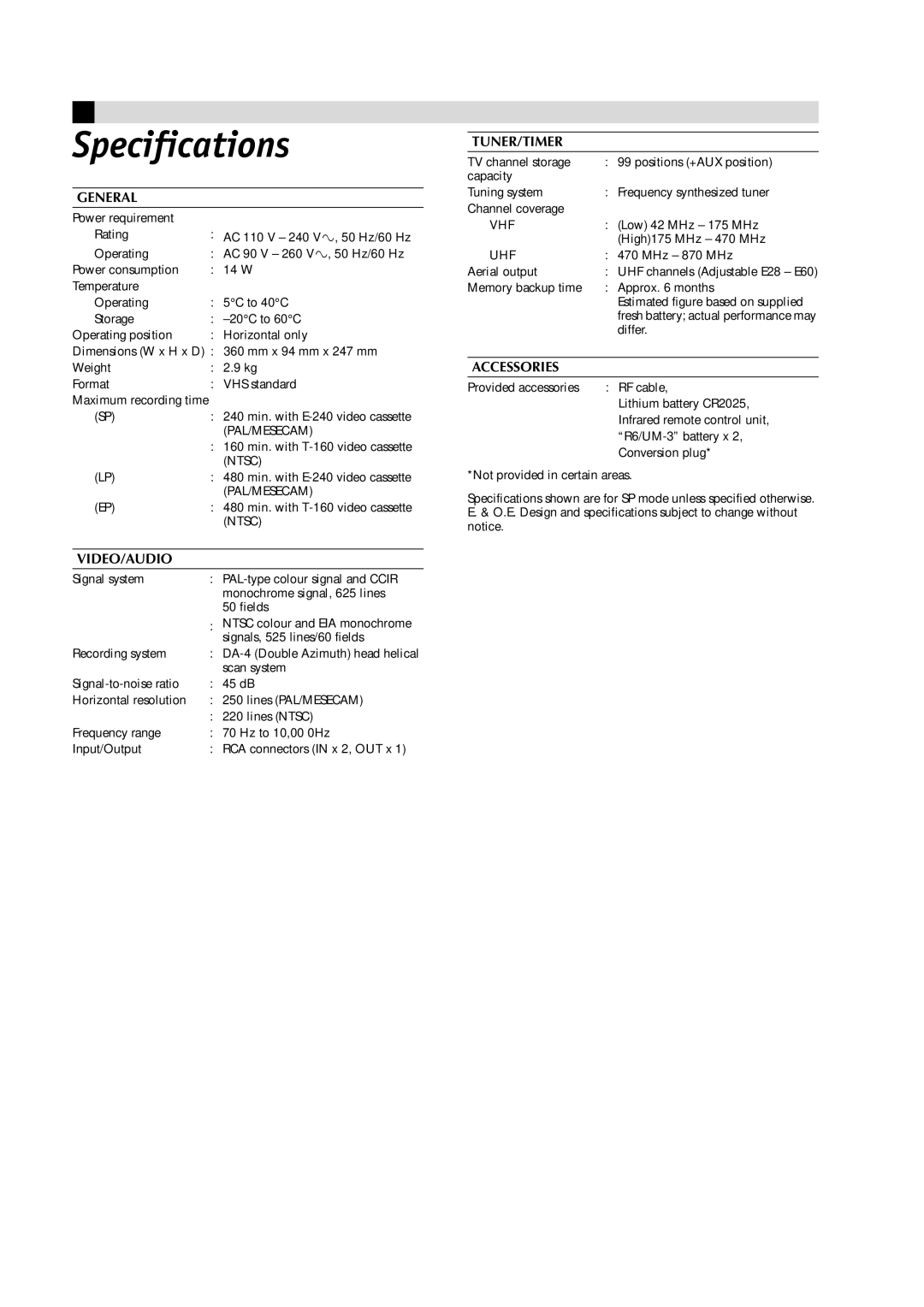 JVC HR-J481MS, LPT0591-001A manual Specifications, General 