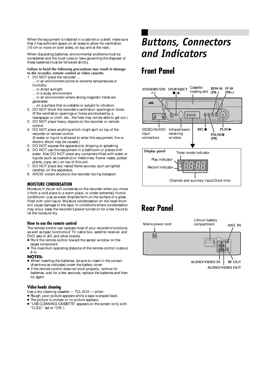 JVC HR-J481MS, LPT0591-001A Front Panel, Rear Panel, How to use the remote control, Video heads cleaning, Display panel 