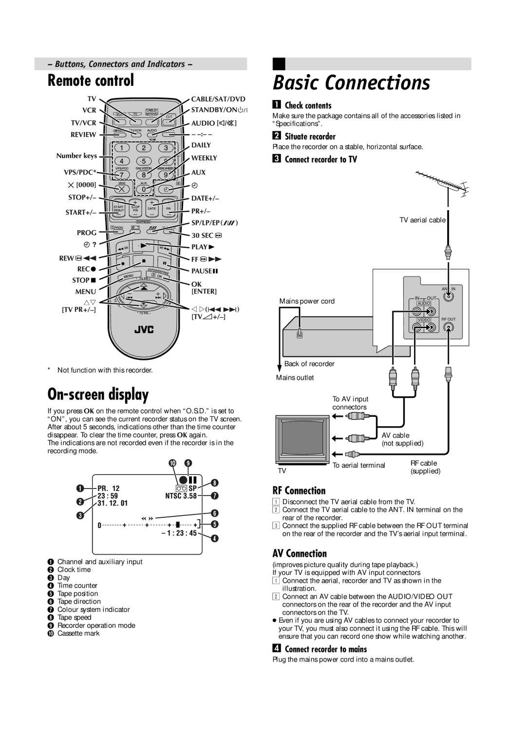 JVC LPT0591-001A, HR-J481MS manual Basic Connections, Remote control, On-screen display, RF Connection, AV Connection 