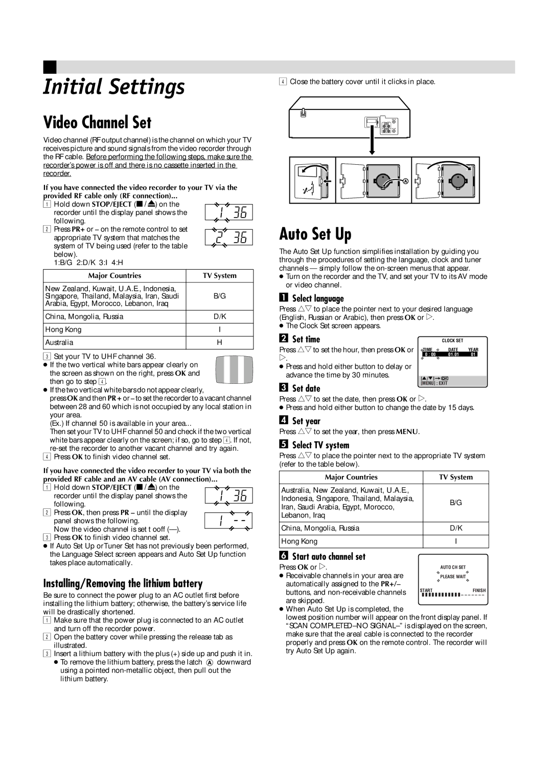 JVC HR-J481MS, LPT0591-001A manual Initial Settings, Video Channel Set, Auto Set Up, Installing/Removing the lithium battery 