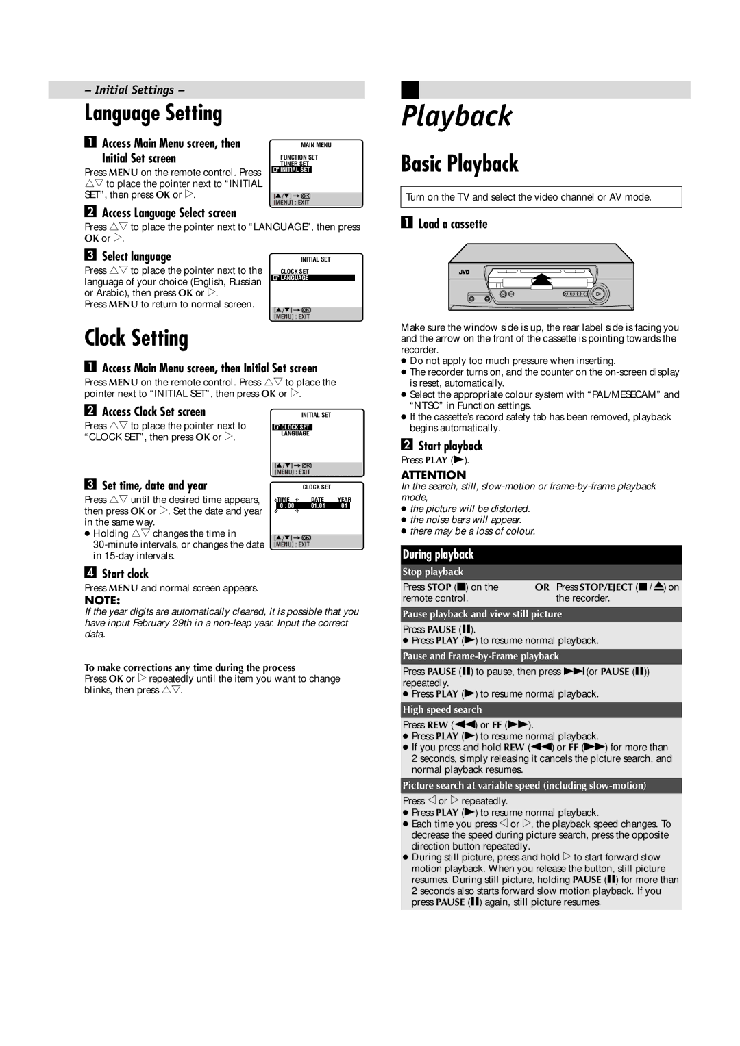 JVC LPT0591-001A, HR-J481MS manual Basic Playback, Clock Setting 