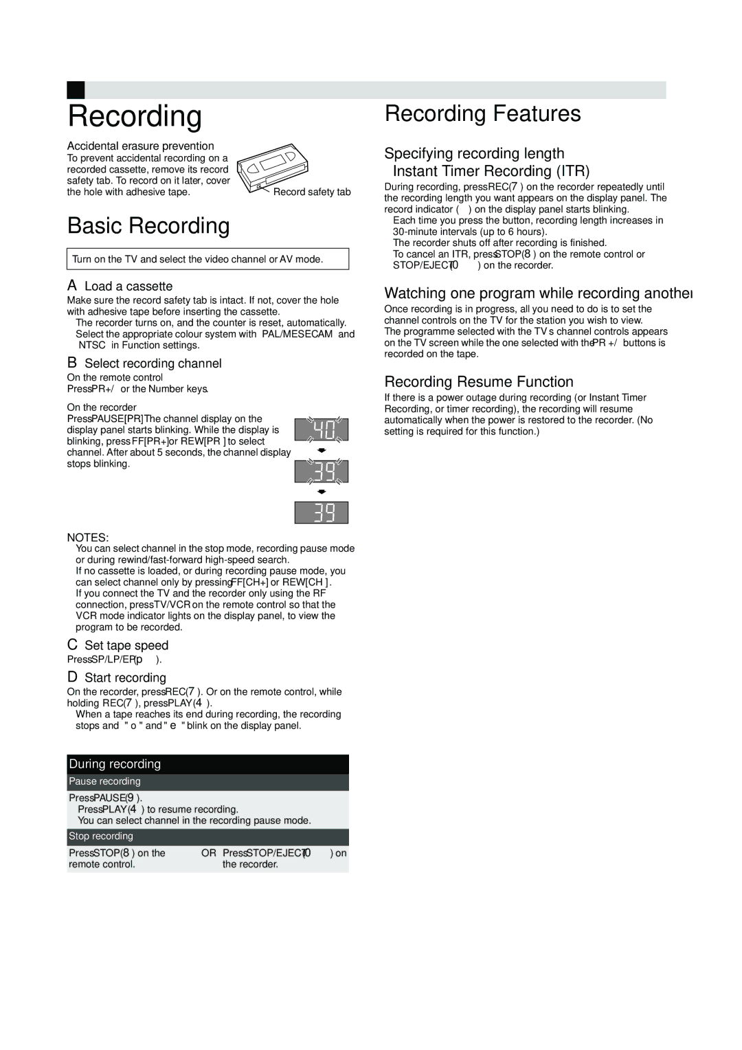 JVC LPT0591-001A manual Basic Recording, Recording Features, Specifying recording length Instant Timer Recording ITR 