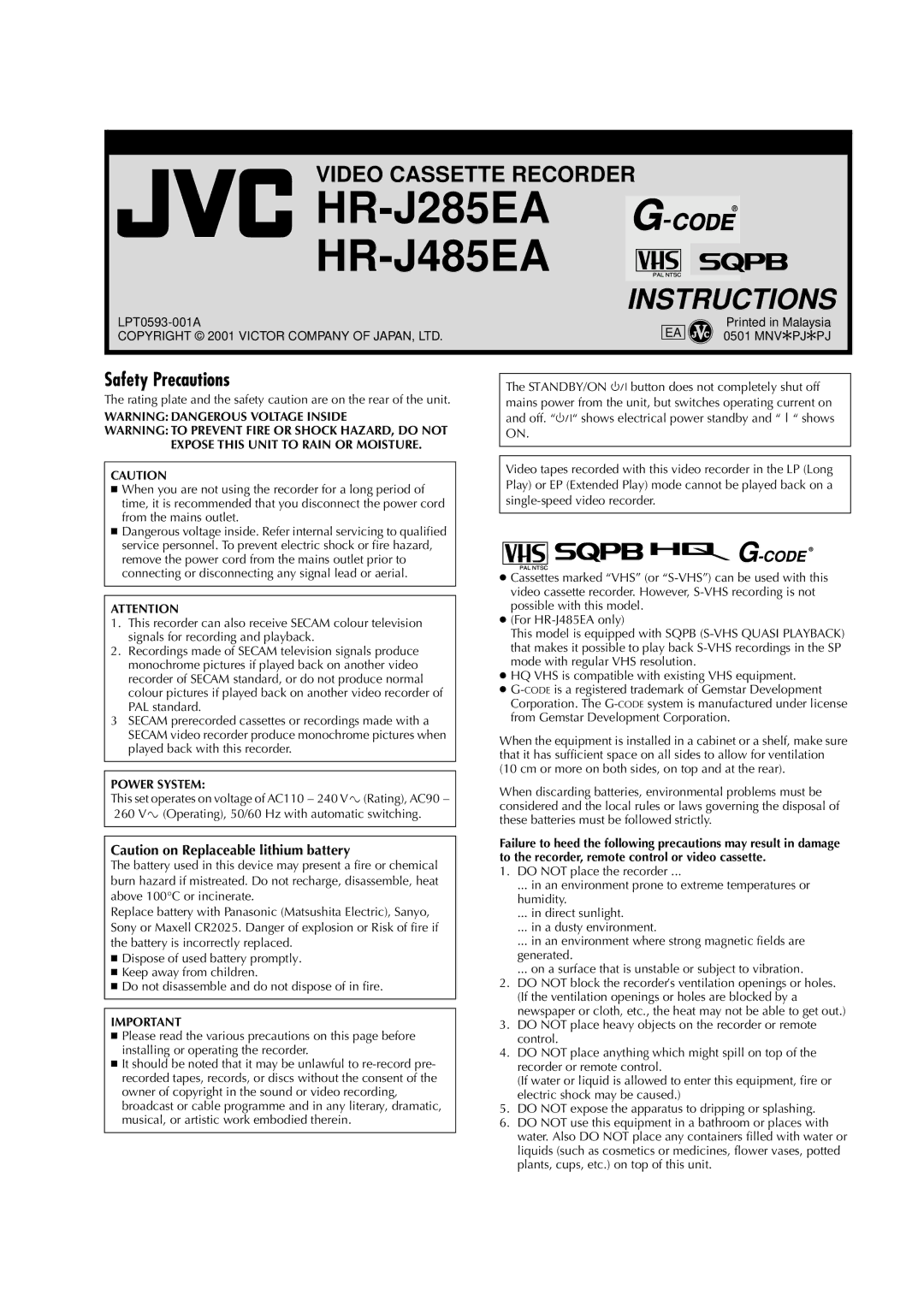 JVC HR-J285EA, HR-J485EA, LPT0593-001A manual Safety Precautions, Power System 