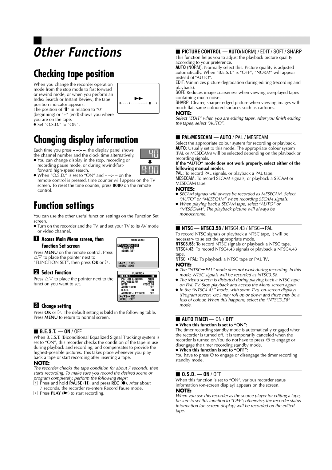 JVC HR-J285EA, HR-J485EA, LPT0593-001A manual Other Functions, Checking tape position, Function settings 