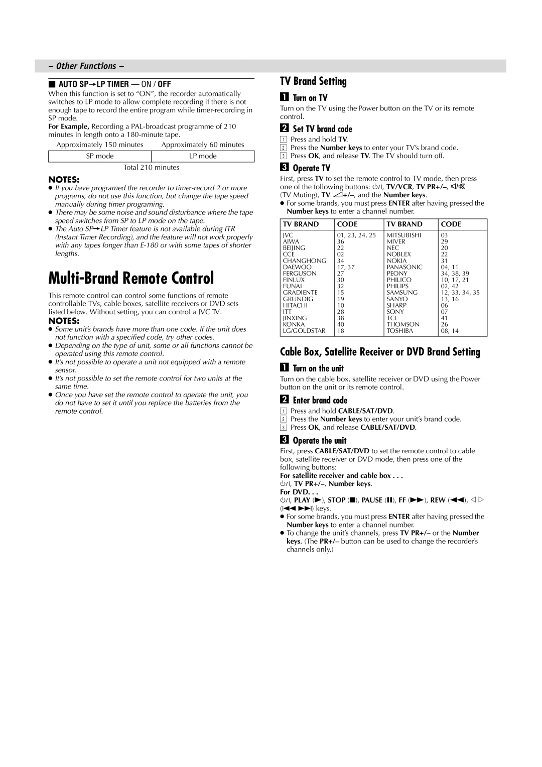 JVC LPT0593-001A, HR-J485EA, HR-J285EA manual Multi-Brand Remote Control, TV Brand Setting, Other Functions 