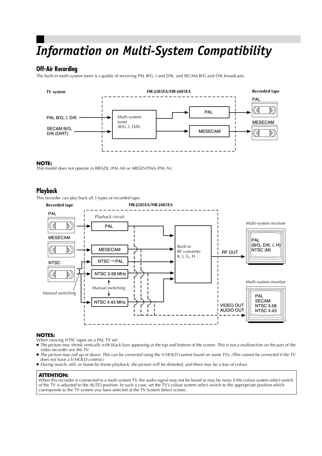 JVC LPT0593-001A Information on Multi-System Compatibility, Off-Air Recording, Playback, TV system HR-J285EA/HR-J485EA 