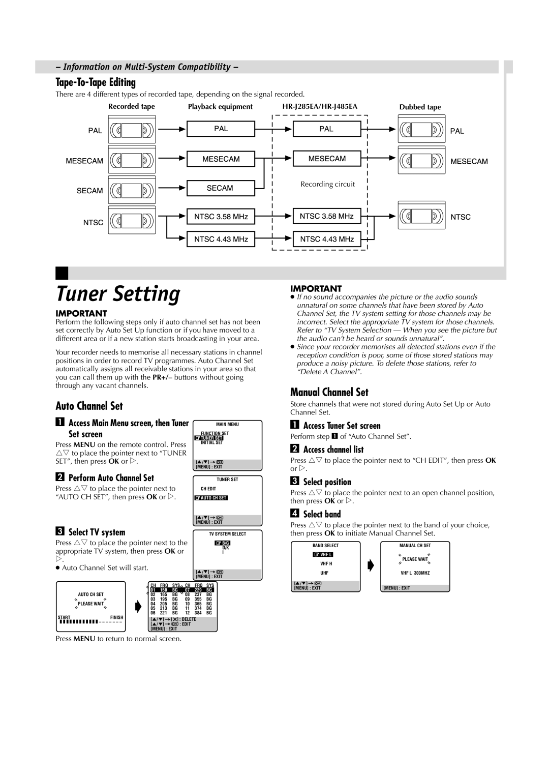 JVC LPT0593-001A, HR-J485EA, HR-J285EA manual Tuner Setting, Tape-To-Tape Editing, Auto Channel Set, Manual Channel Set 