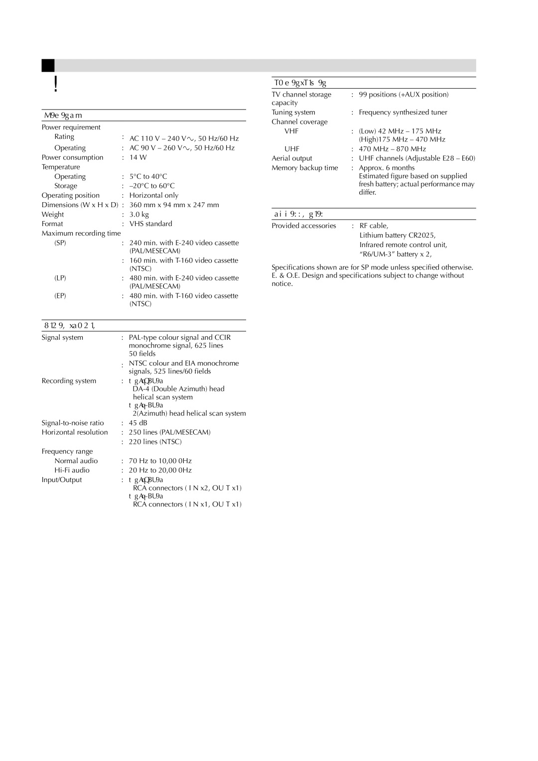 JVC HR-J285EA, LPT0593-001A manual Specifications, HR-J485EA 