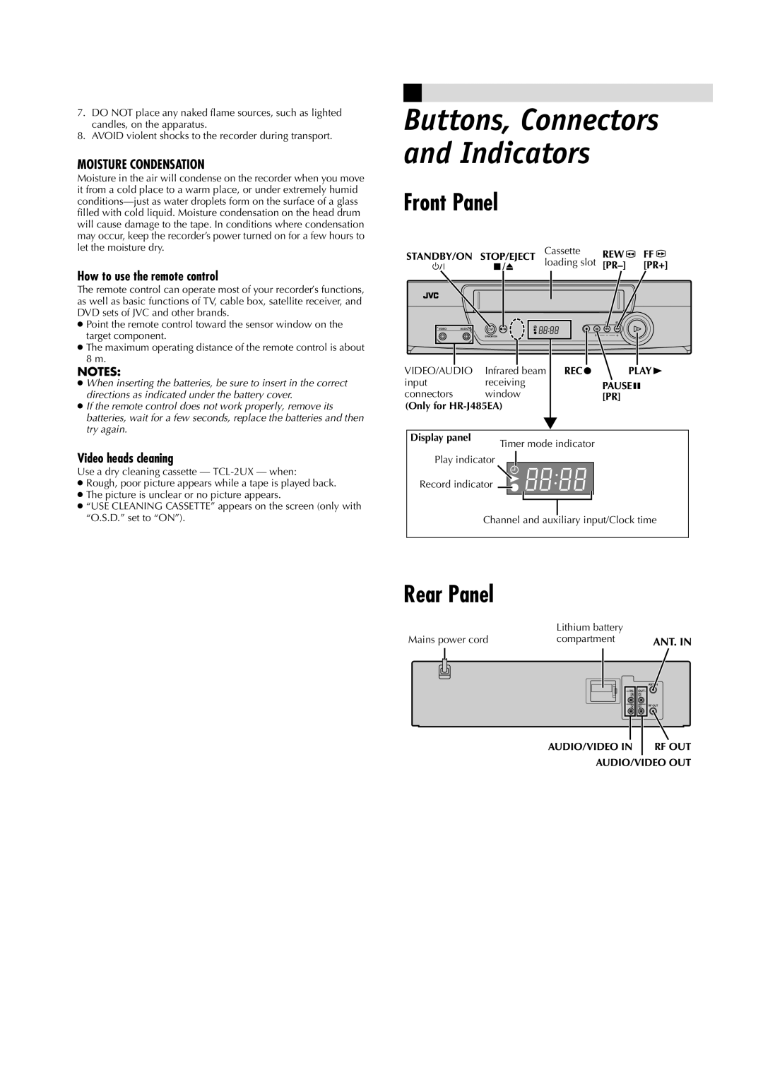 JVC LPT0593-001A, HR-J485EA, HR-J285EA manual Front Panel, Rear Panel, How to use the remote control, Video heads cleaning 