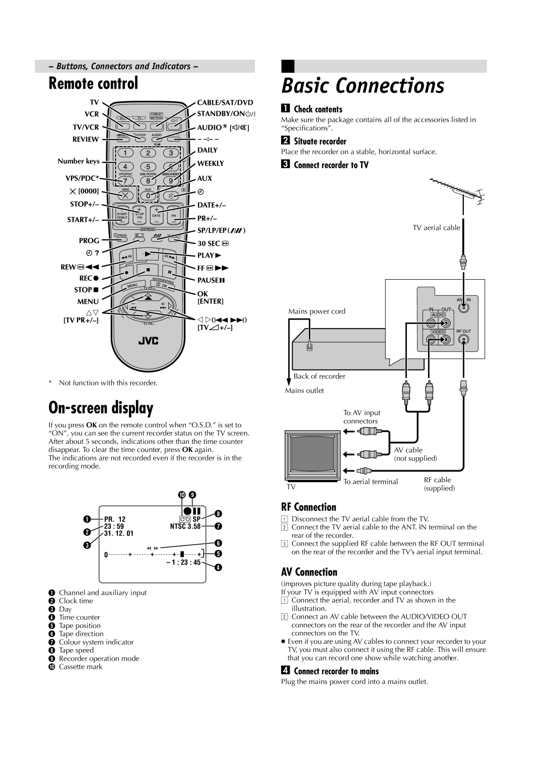 JVC HR-J485EA, HR-J285EA, LPT0593-001A manual On-screen display, RF Connection, AV Connection 