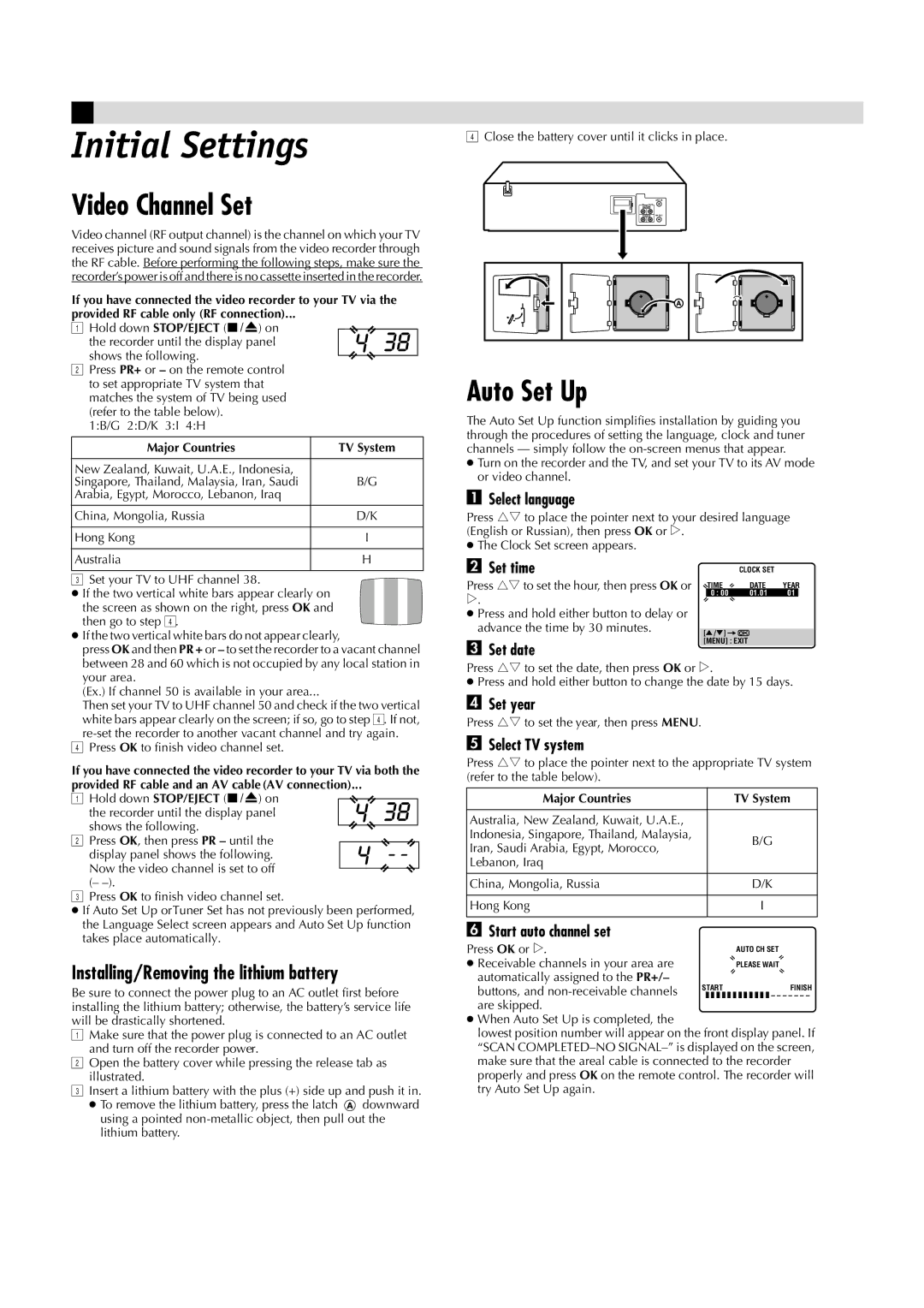 JVC HR-J285EA manual Initial Settings, Video Channel Set, Auto Set Up, Installing/Removing the lithium battery, Set time 