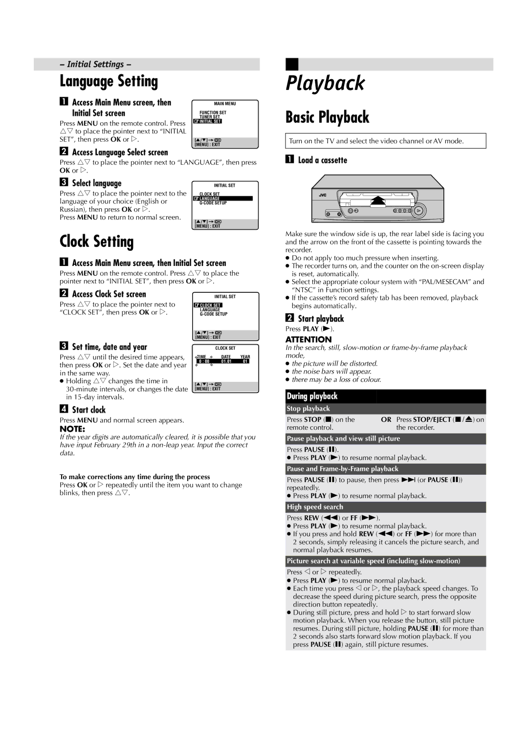 JVC LPT0593-001A, HR-J485EA, HR-J285EA manual Basic Playback, Clock Setting, Initial Settings, During playback 