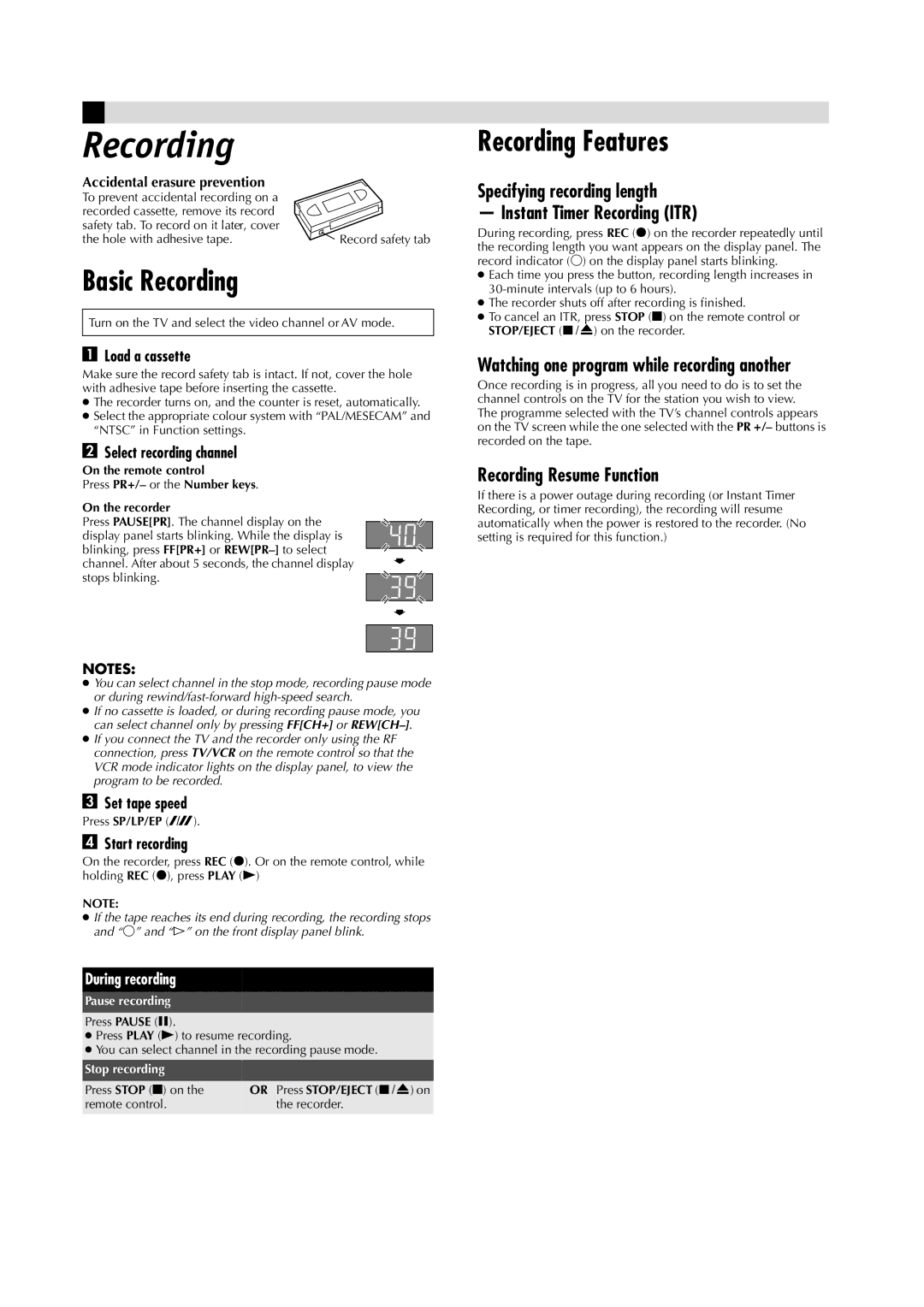 JVC HR-J285EA, HR-J485EA Basic Recording, Recording Features, Specifying recording length Instant Timer Recording ITR 