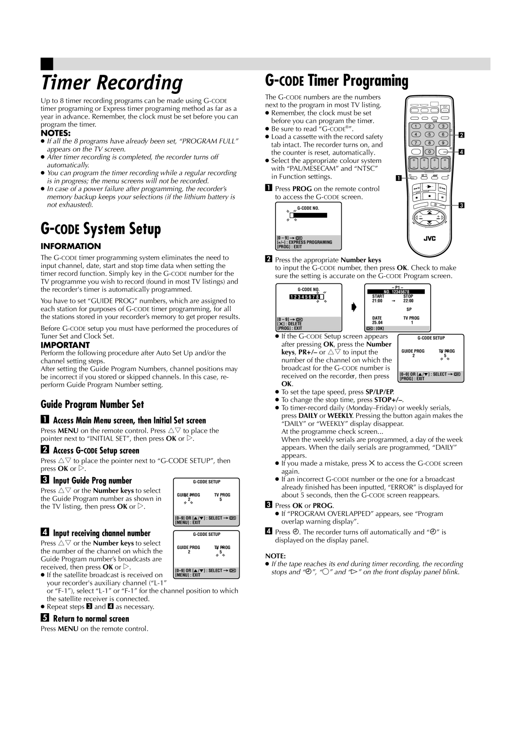 JVC LPT0593-001A, HR-J485EA, HR-J285EA Timer Recording, CODESystem Setup, CODETimer Programing, Guide Program Number Set 