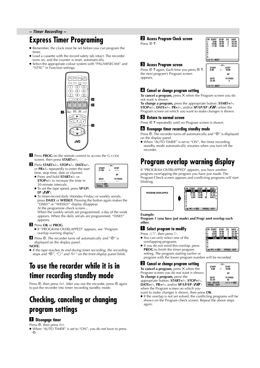 JVC HR-J485EA, HR-J285EA, LPT0593-001A manual Express Timer Programing, Timer Recording 