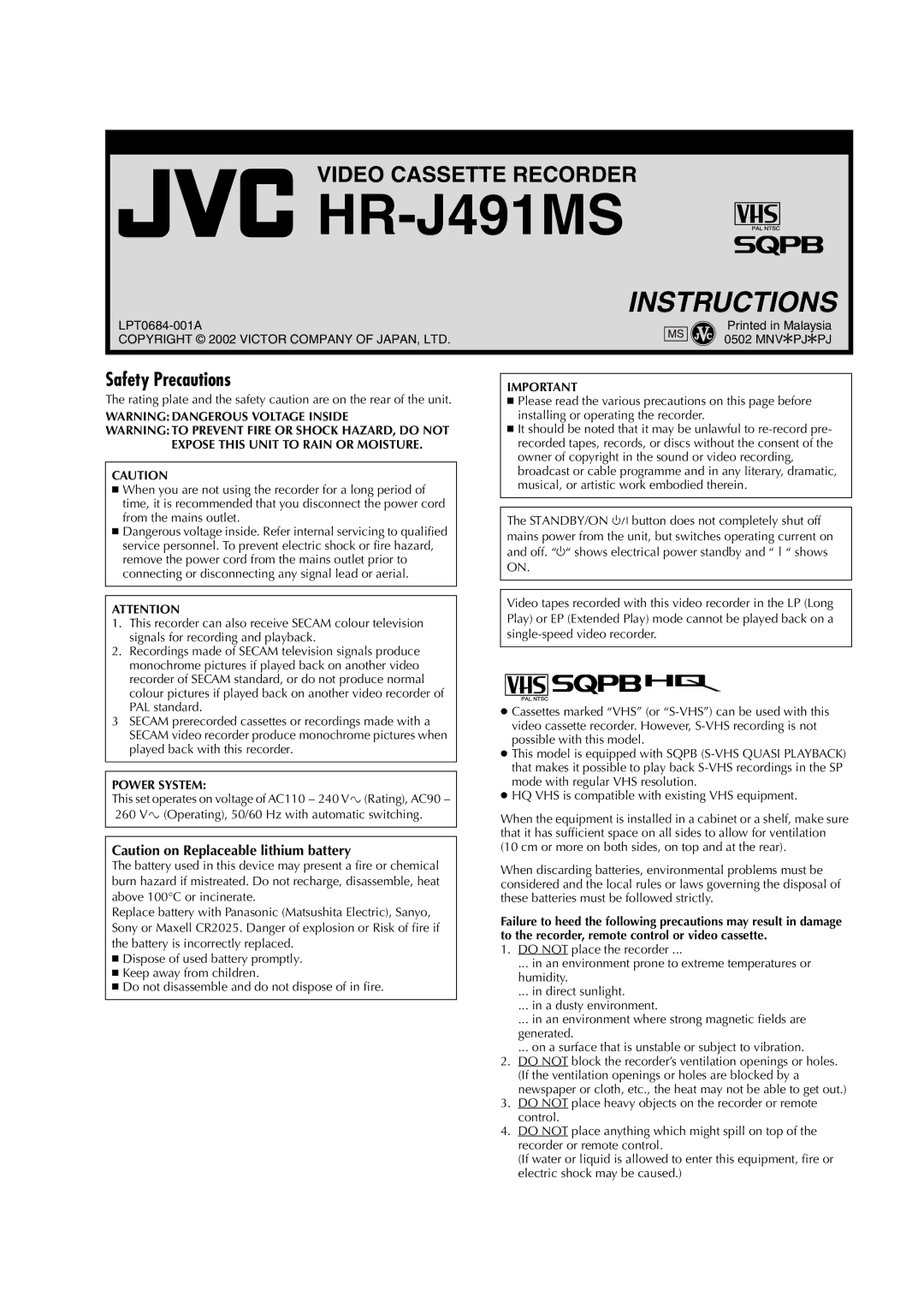 JVC LPT0684-001A manual HR-J491MS, Safety Precautions 