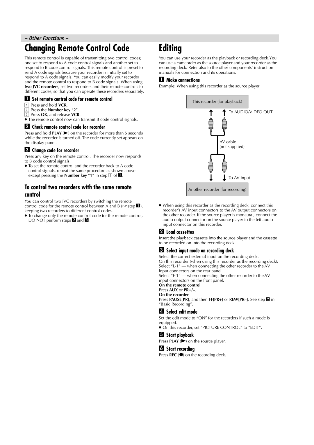 JVC HR-J491MS, LPT0684-001A manual Editing, To control two recorders with the same remote control 