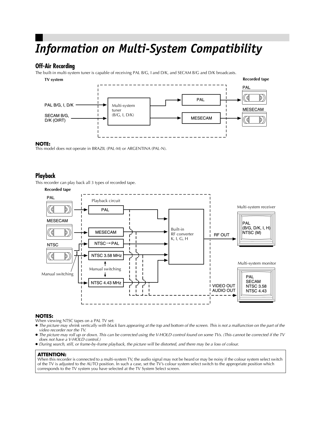 JVC LPT0684-001A, HR-J491MS manual Information on Multi-System Compatibility, Off-Air Recording, Playback, Recorded tape 