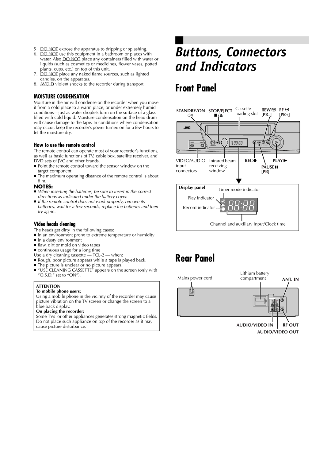 JVC HR-J491MS, LPT0684-001A manual Front Panel, Rear Panel, How to use the remote control, Video heads cleaning 