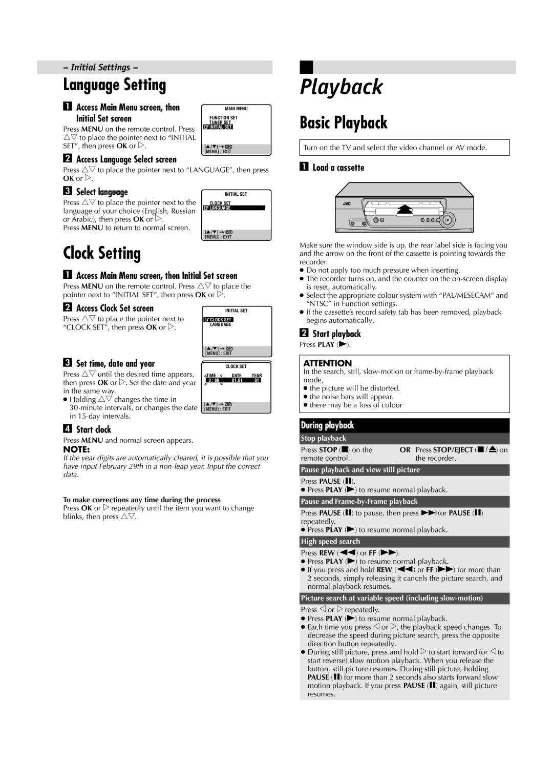 JVC LPT0684-001A, HR-J491MS manual Basic Playback, Clock Setting 