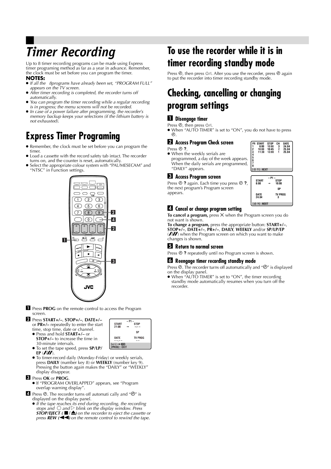 JVC HR-J491MS, LPT0684-001A manual Timer Recording, Express Timer Programing 