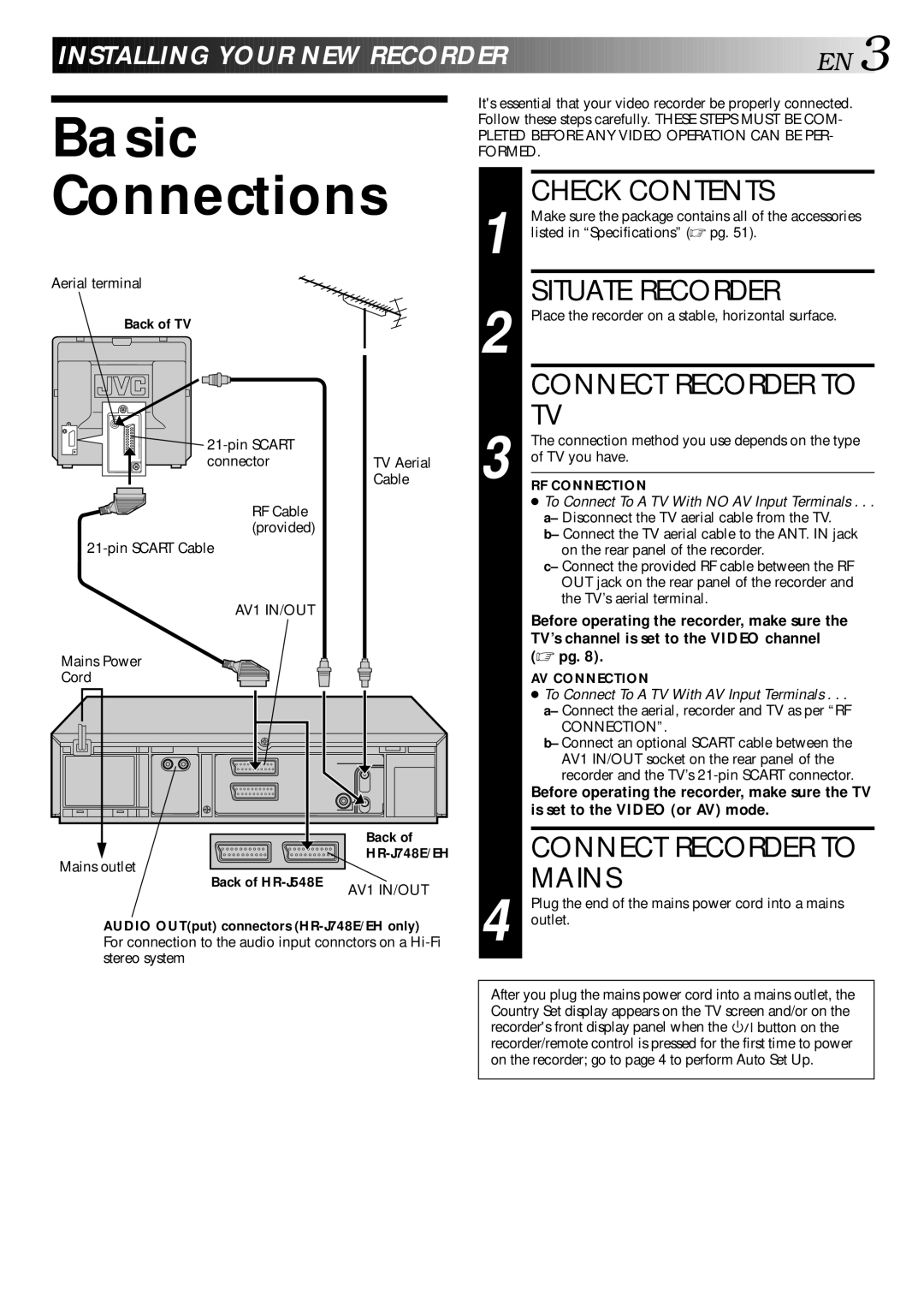 JVC HR-J548E, HR-J748EH specifications Basic Connections, Check Contents, Situate Recorder, Connect Recorder to Mains 