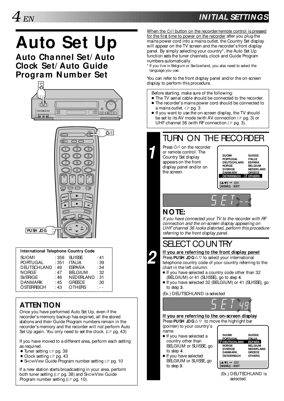 JVC HR-J748EH, HR-J548E specifications Auto Set Up, Turn on the Recorder, Select Country, EN I Nitial Sett Ings 