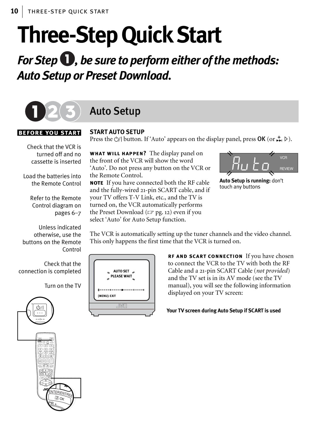 JVC HR-J580EK manual Three-Step Quick Start, Auto Setup 