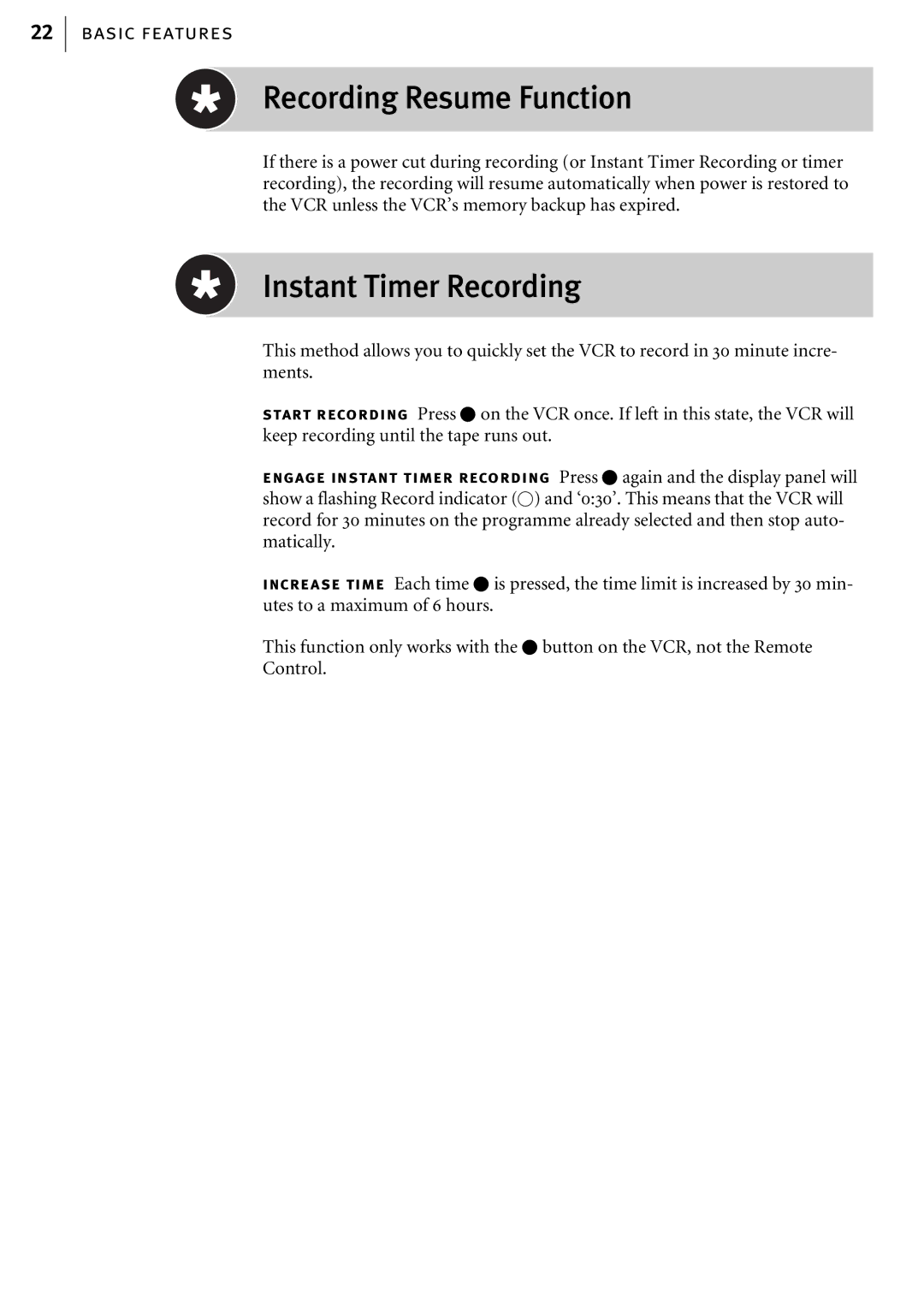 JVC HR-J580EK manual Recording Resume Function, Instant Timer Recording 