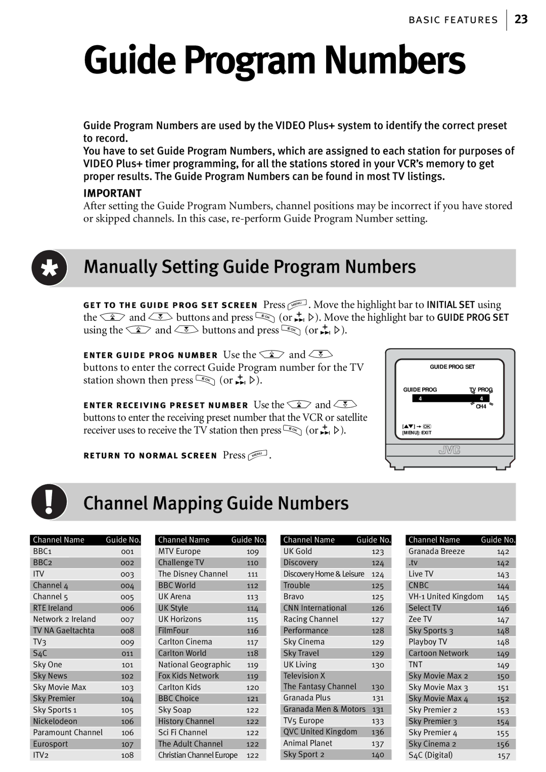 JVC HR-J580EK manual Manually Setting Guide Program Numbers, Channel Mapping Guide Numbers 