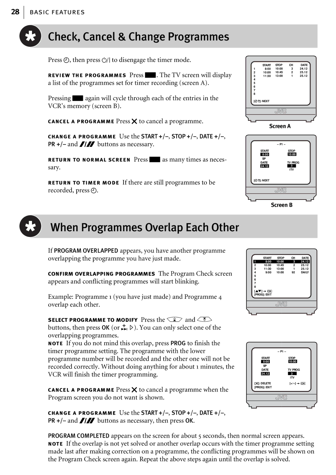 JVC HR-J580EK manual Check, Cancel & Change Programmes, When Programmes Overlap Each Other 