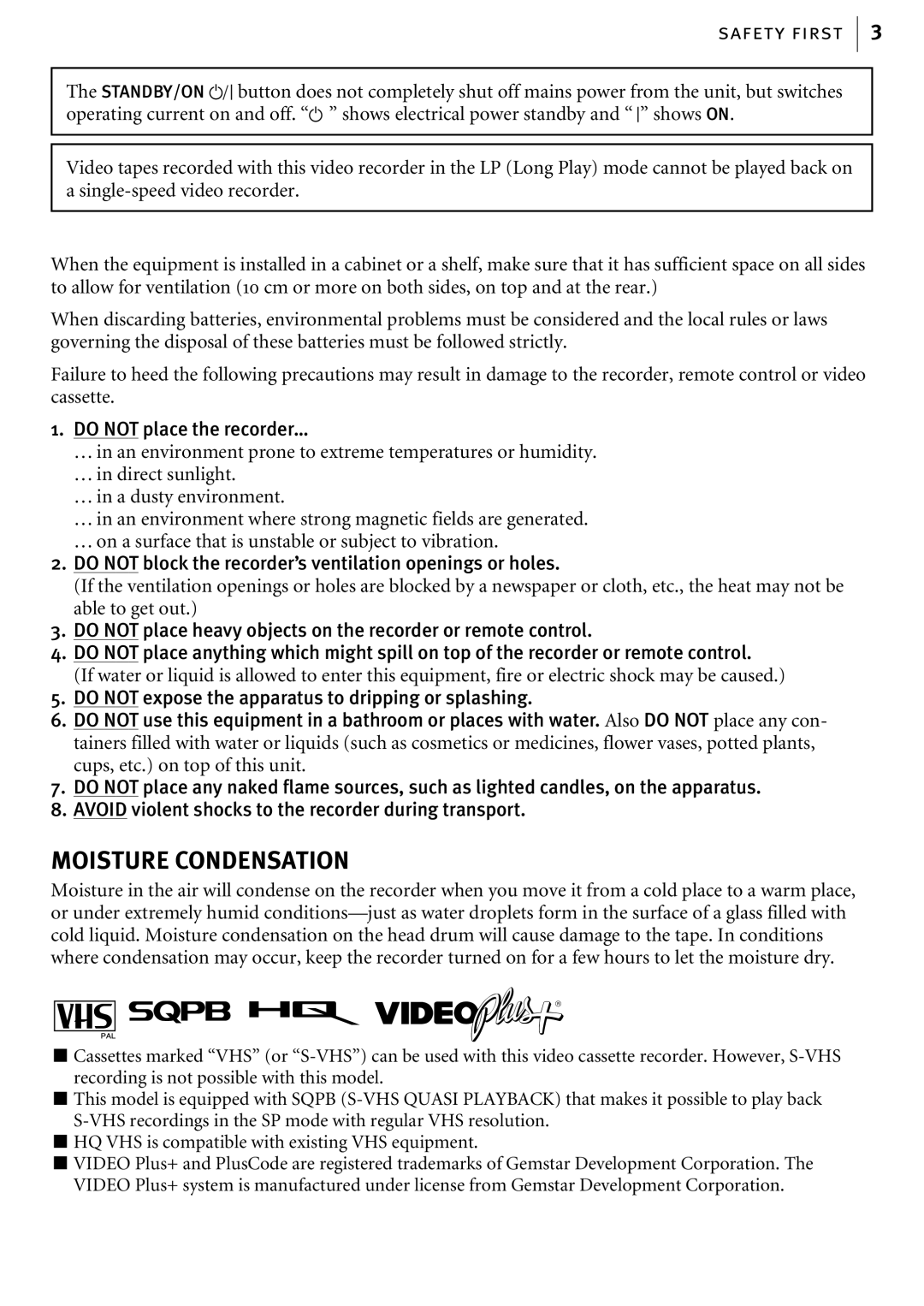 JVC HR-J580EK manual Moisture Condensation 