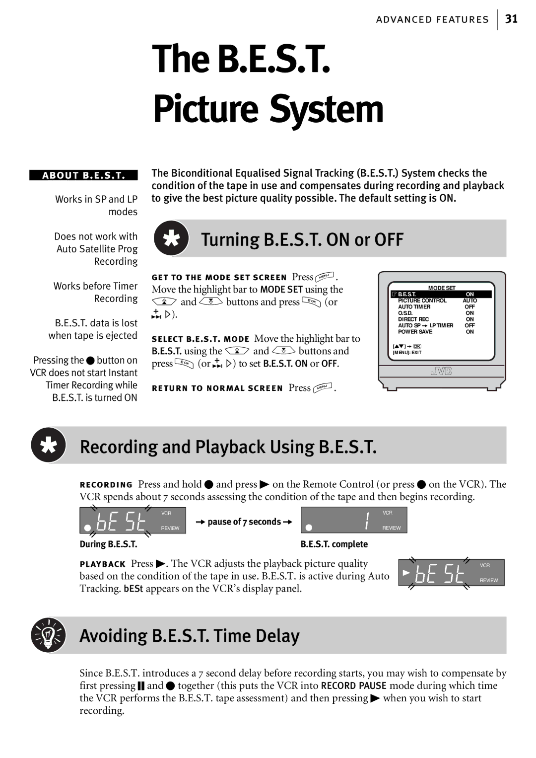 JVC HR-J580EK manual B.E.S.T PictureÊSystem, Turning B.E.S.T. on or OFF, Recording and Playback Using B.E.S.T 