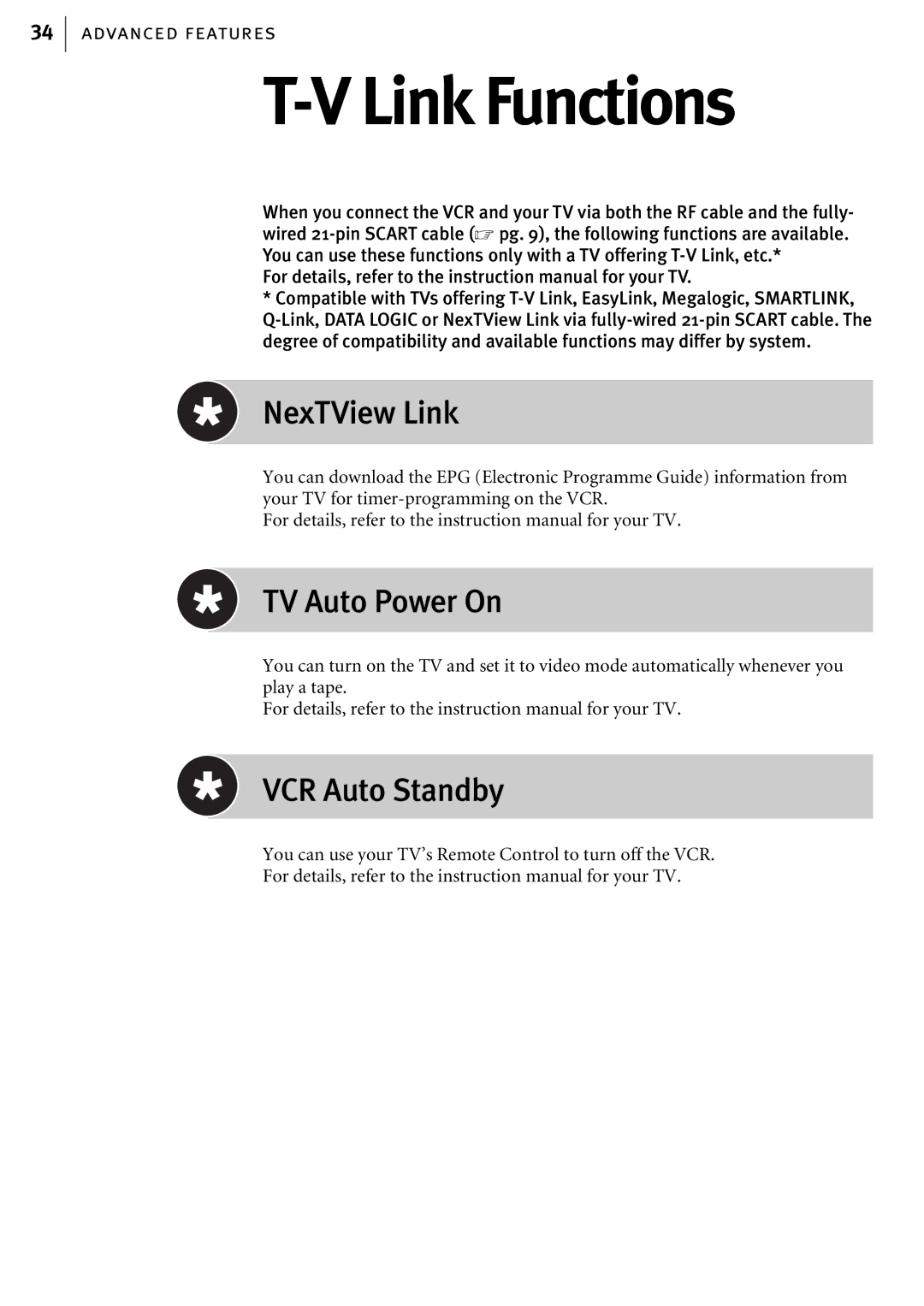 JVC HR-J580EK manual Link Functions, NexTView Link, TV Auto Power On, VCR Auto Standby 