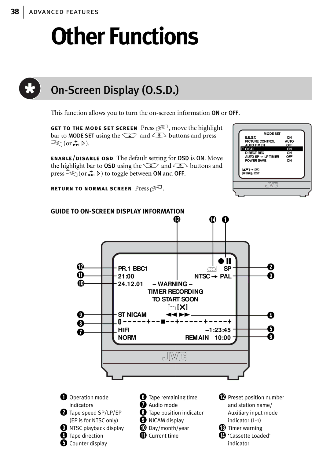 JVC HR-J580EK manual Other Functions, On-Screen Display O.S.D 