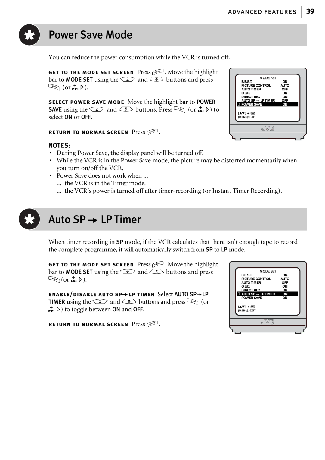 JVC HR-J580EK manual Power Save Mode, Auto SP aLP Timer 