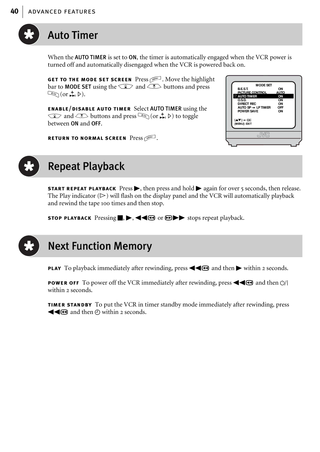 JVC HR-J580EK manual Auto Timer, Repeat Playback, Next Function Memory 
