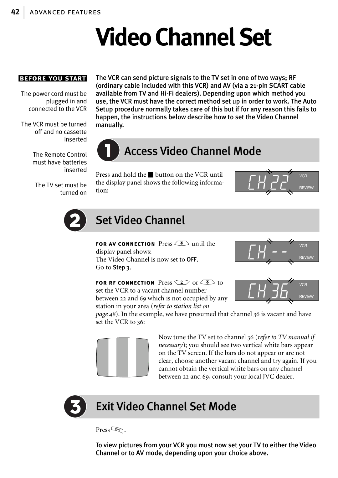 JVC HR-J580EK manual Access Video Channel Mode, Set Video Channel, Exit Video Channel Set Mode 