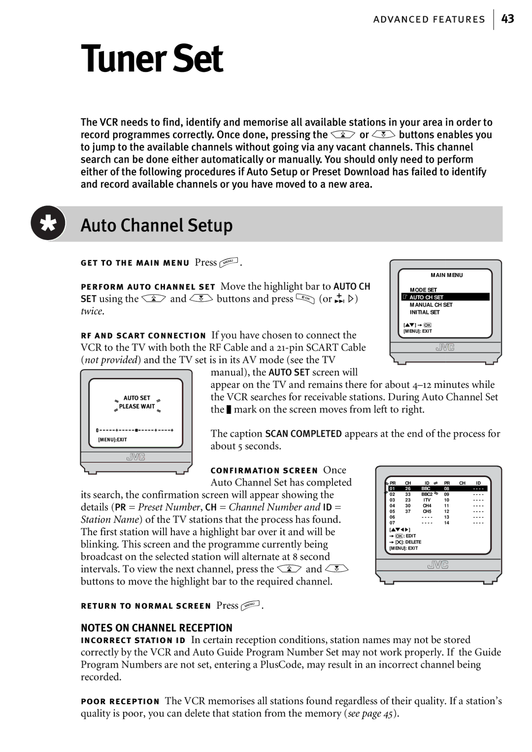 JVC HR-J580EK manual Tuner Set, Auto Channel Setup 