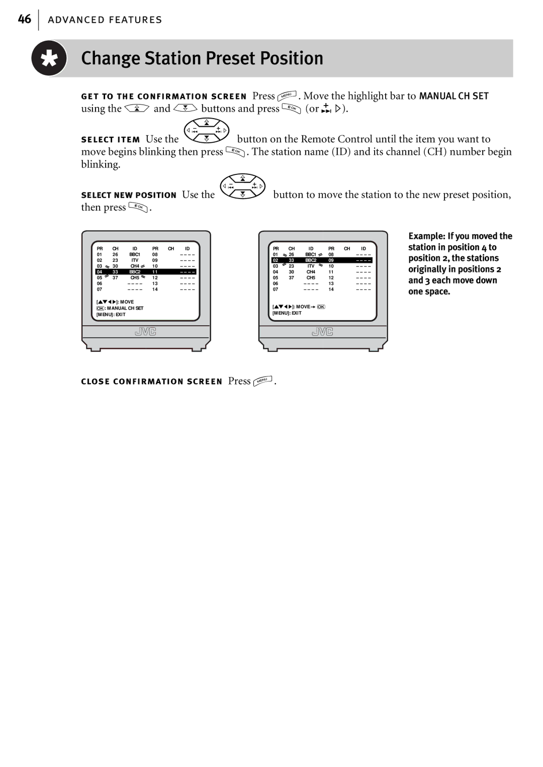 JVC HR-J580EK manual Change Station Preset Position 