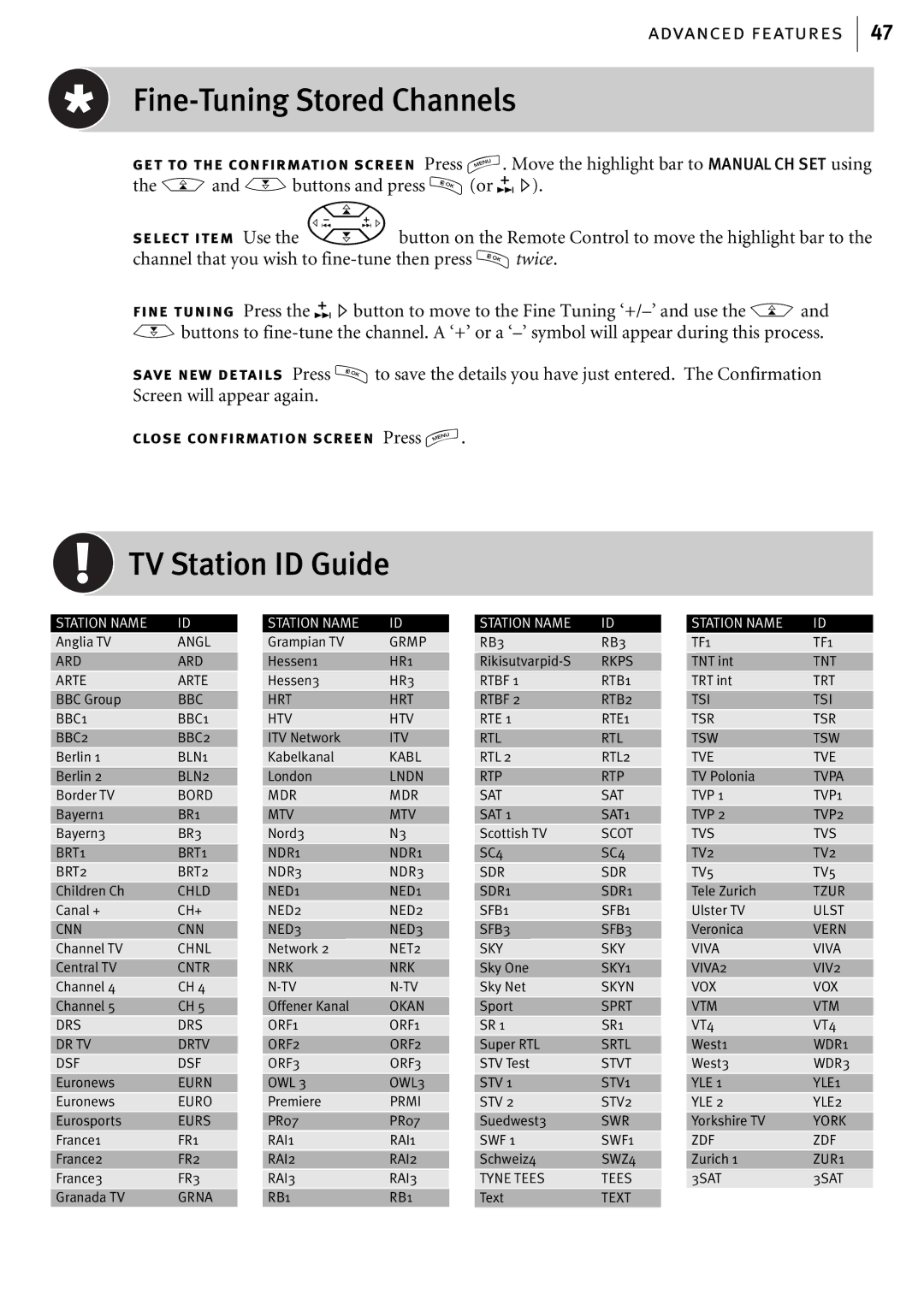 JVC HR-J580EK manual Fine-Tuning Stored Channels, TV Station ID Guide 