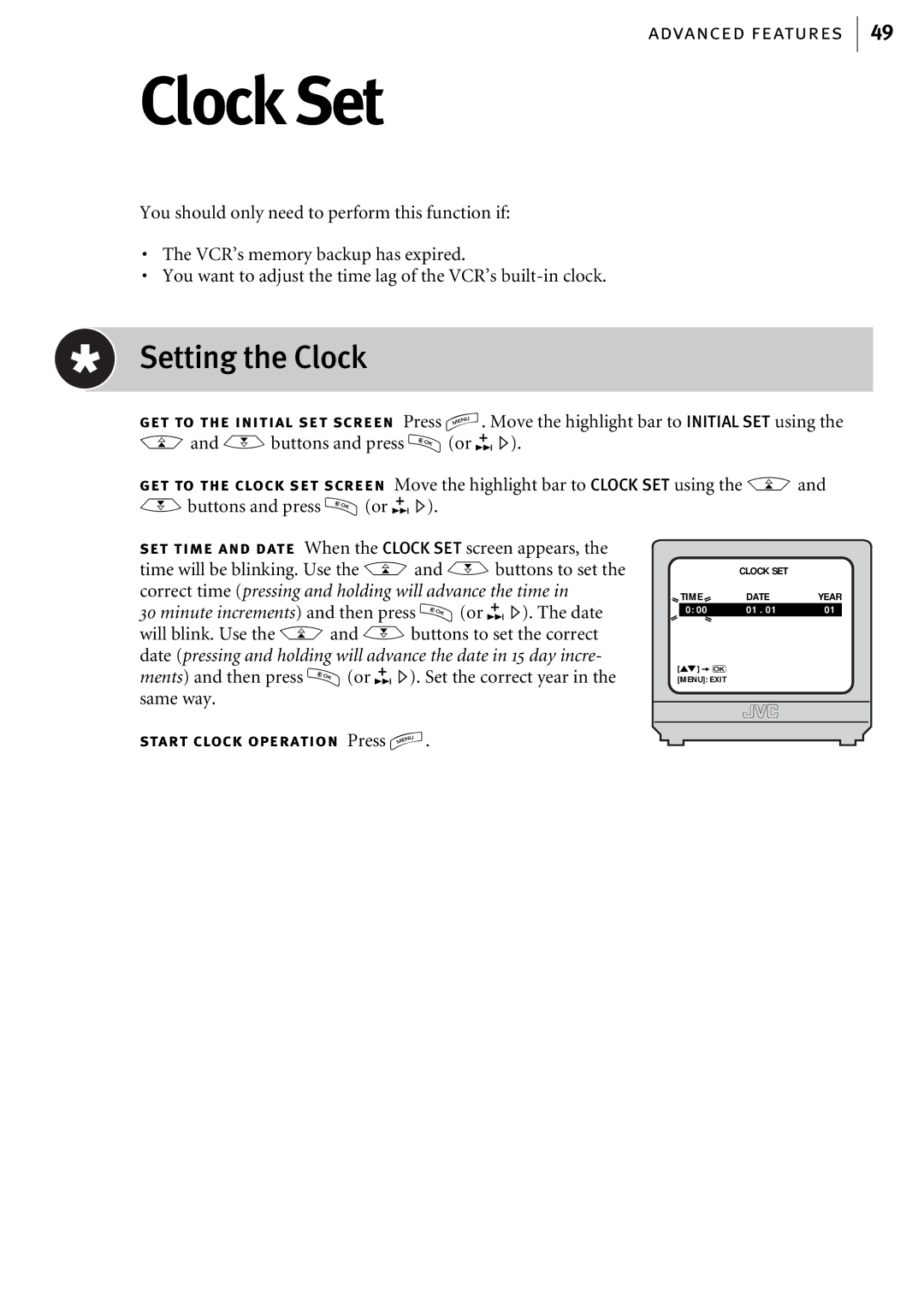 JVC HR-J580EK manual Clock Set, Setting the Clock 