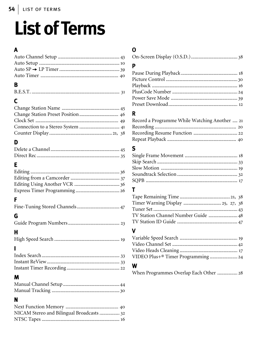 JVC HR-J580EK manual List of Terms 